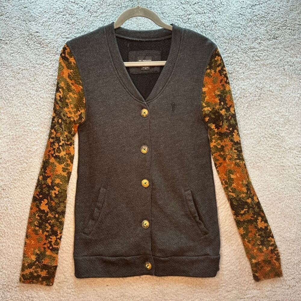 Obey Propaganda Women's‎ Medium Knit Cardigan Sweater Camo Sleeves Fitted Warm